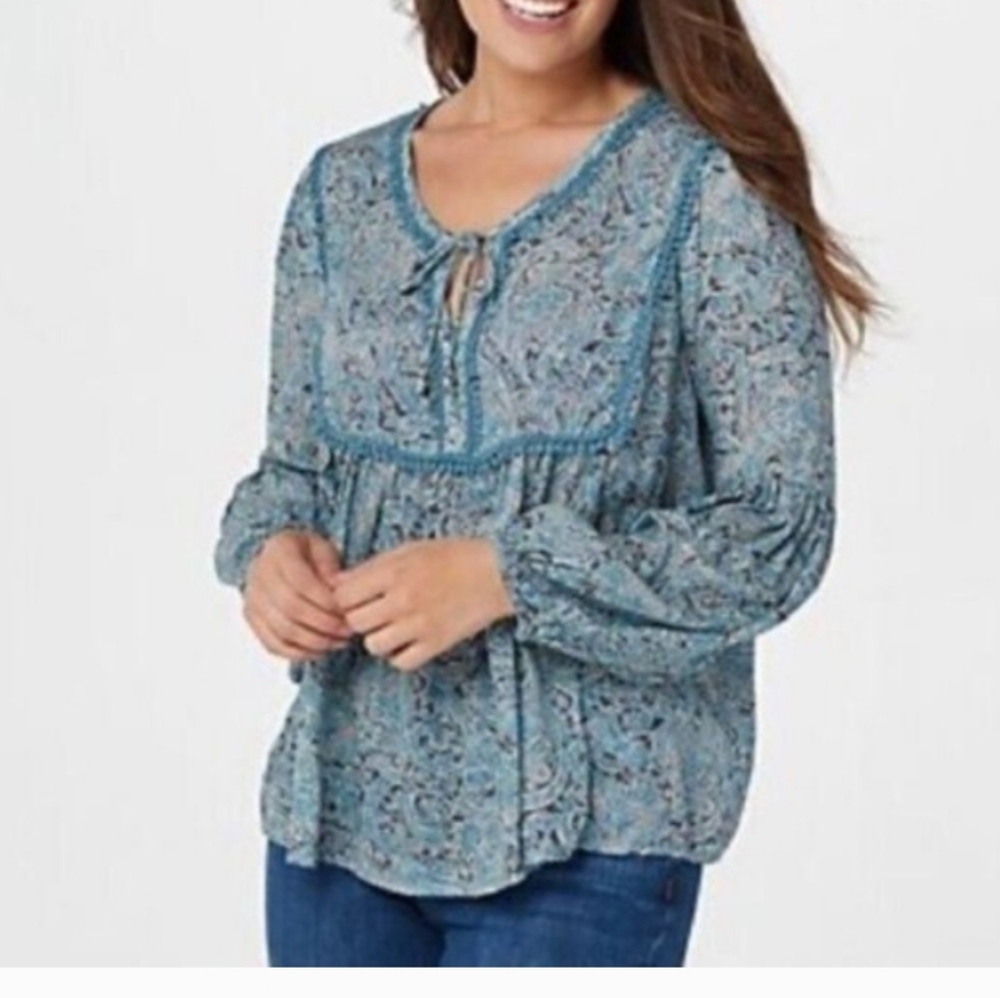 Haute Hippie Teal-Blue Floral Lace-Trim Peasant Blouse